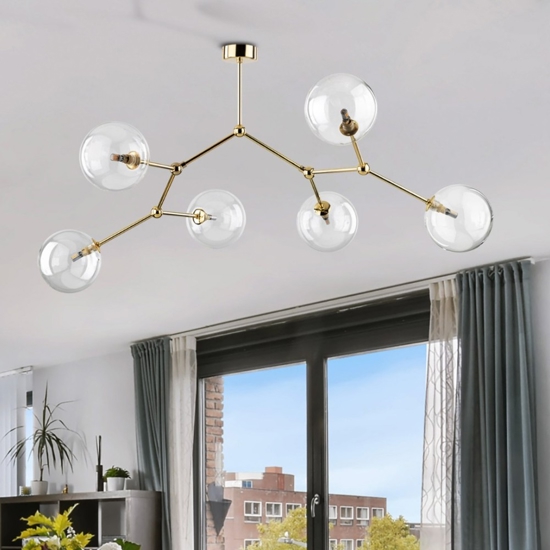 Lampadario moderno per salotto oro 6 bocce trasparenti